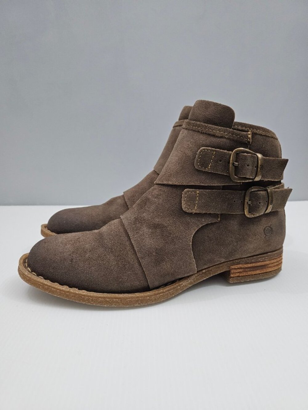 Born Moraga Moto Ankle Boot Womens 8 Taupe Brown Suede Double Buckle Western